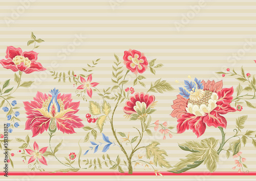 Seamless pattern with stylized ornamental flowers in retro, vintage style. Jacobin embroidery imitation. Colored vector illustration on beige stripes background.