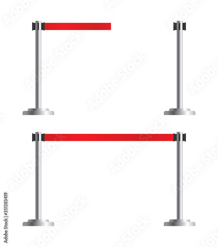 Retractable belt stanchion set. Airport fence isolated on white background. Vector portable ribbon barrier. Red striped hazard fencing tape.