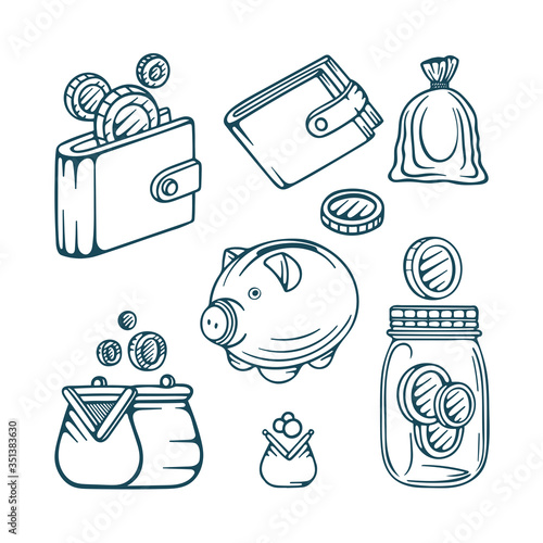 Finance. Money hand drawn illustrations set. Coins, wallet, money bag, piggy bank, jar with coins, sketch drawing. Part of set. 