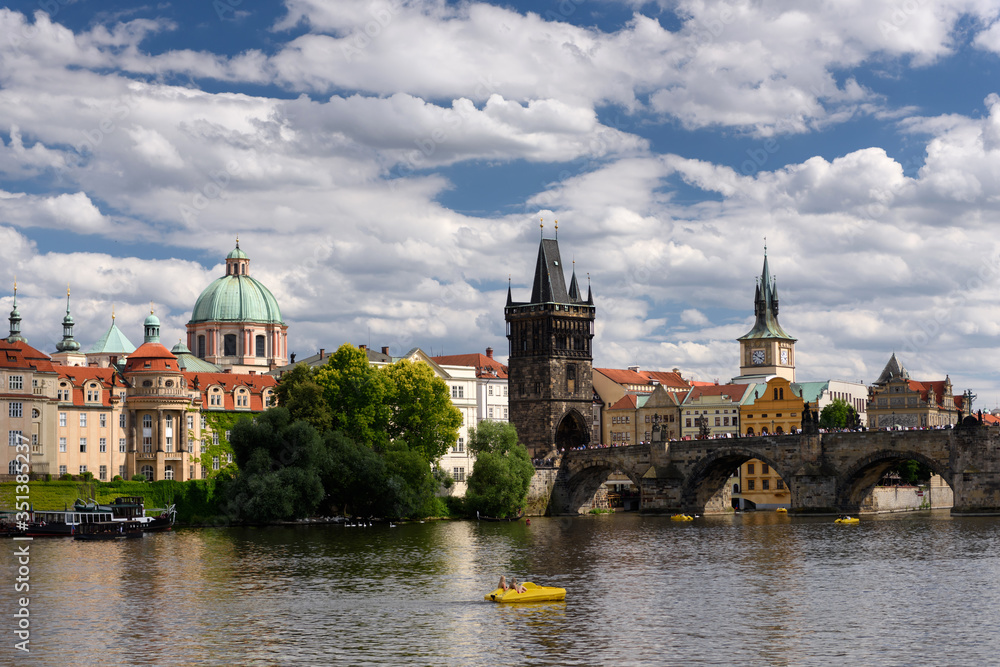 View of the Vltava River, Charles Bridge and the historical center of Prague, Czech Republic