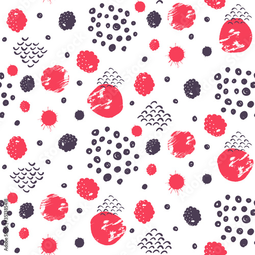 Abstract raspberry and blackberry seamless pattern design with grunge elements and doodles