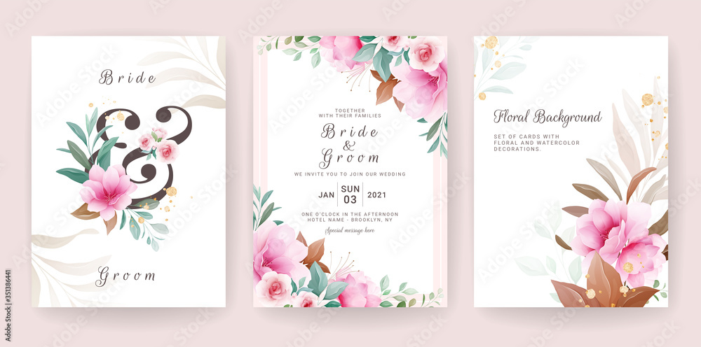 Floral background card. Wedding invitation template set with flowers & glitter decoration for save the date, greeting, poster, and cover design