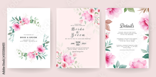 Floral background. Wedding invitation card template set with flowers and watercolor decoration for save the date, greeting, poster, and cover design
