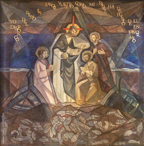 BARCELONA, SPAIN - MARCH 5, 2020: The modern fresco of Miracle Fishing in chu...