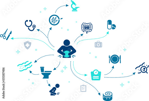 intestinal disease vector illustration. Concept with connected icons related to irritable bowel disease, inflammatory bowel syndrome, colitis ulcerosa or leaky gut syndrome.