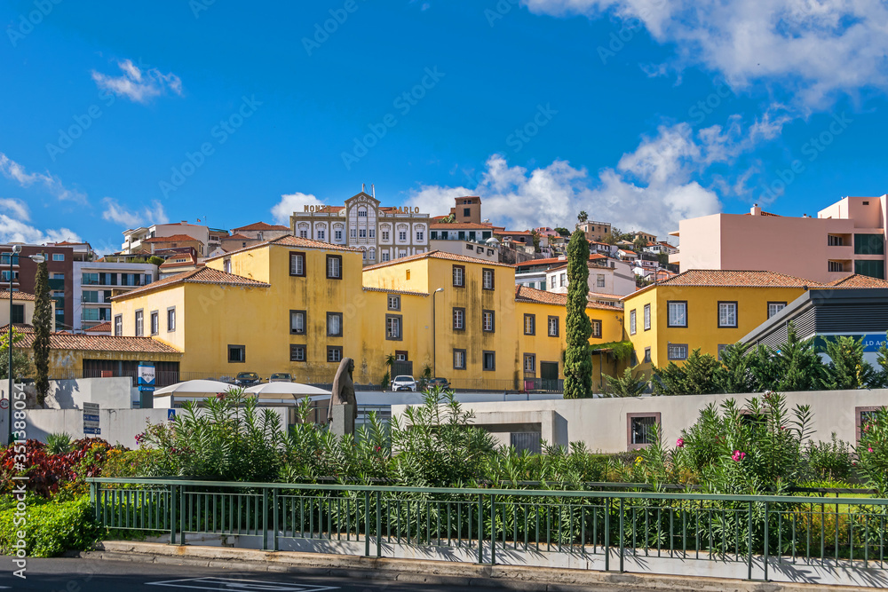 Largo Severiano Ferraz with a statue of Mary Jane Wilson and Hotel Monte Carlo in Funchal, Madeira