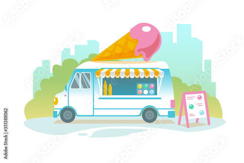 Blue ice cream truck in retro style on cityscape. Popsicle wheeled cafe banner design. Ice car cartoon illustration. Isolated sweet cart in Flat vector landscape. Icecream food delivery banner