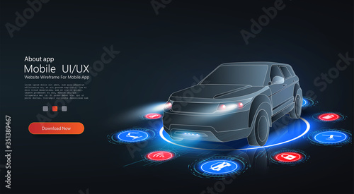 Smart HUD or intelligent car future concept. Futuristic automotive technology with autonomous driving, driverless cars. Hologram auto, futuristic polygonal model auto. Smart auto ai. Electric machine.