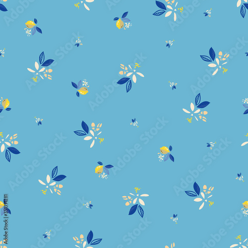 Vector blue ditsy floral summer lemon pattern. Hand drawn textured citrus fruit pattern with blossom and leaf on cyan background. Modern yummy backdrop.