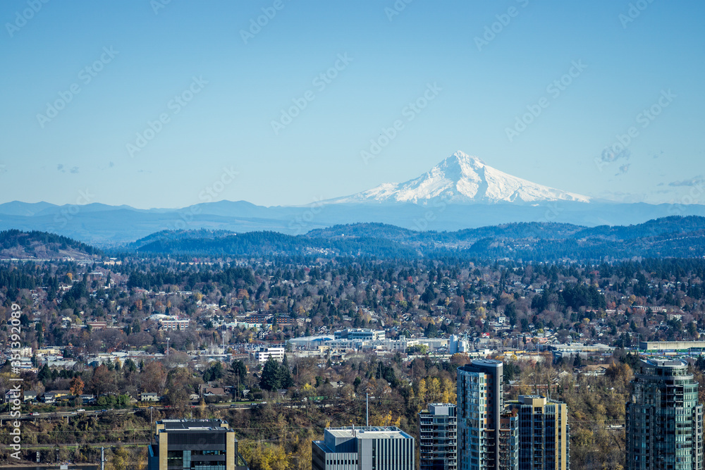 Downtown Portland Cityscape and Mt Hood