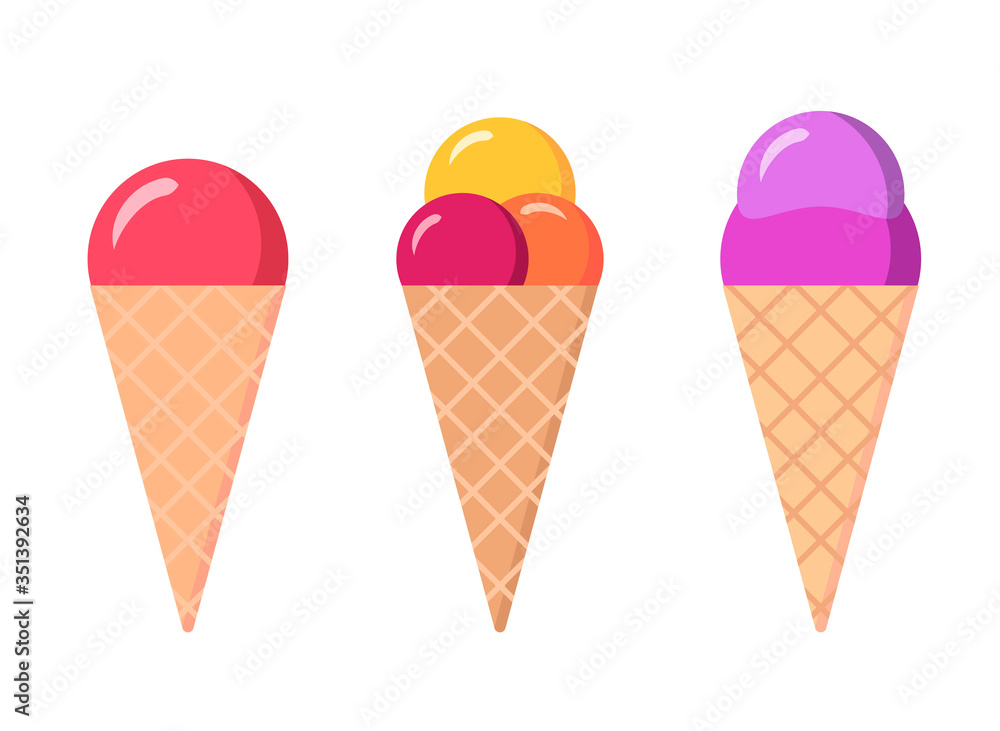 Set of flat ice cream in waffle cone on white isolated background. Food tasty illustration. Summer objects. Set of flat ice cream in waffle cone on white isolated background. Food tasty illustration. Summer objects.