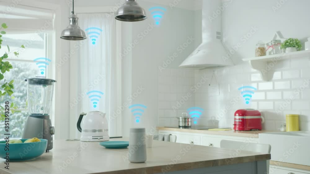 Internet of Things Concept: Modern Stylish White Kitchen full of High ...