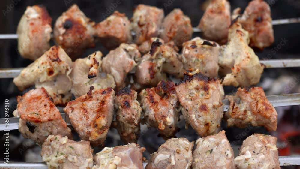 Close up of toasted shashlik on skewers. Succulent barbecue roasting on chargrill. Concept of picnic outdoor. Close up of toasted shashlik on skewers. Succulent barbecue roasting on chargrill. Concept of picnic outdoor.