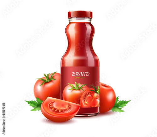 Vector realistic tomato juice glass bottle ripe