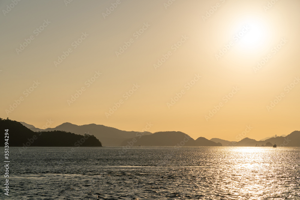 Islands of the Seto Inland Sea in sunset time. Hiroshima Prefecture, Japan