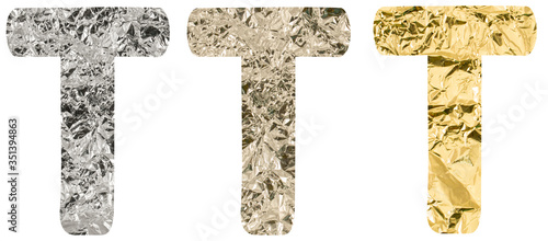 Isolated Font English or Latin or Russian letter T made of crumpled titanium, silver, gold foil on white background