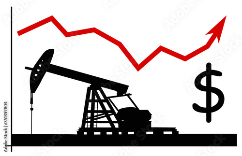 Vector illustration of the chart which shows growing dollar oil prices with oilwell mining machinery in the background