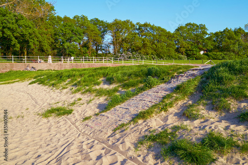 way to the beach in Dangast, district Friesland, Germany surrounded by green grass and beautiful spring trees on a sunny day photo