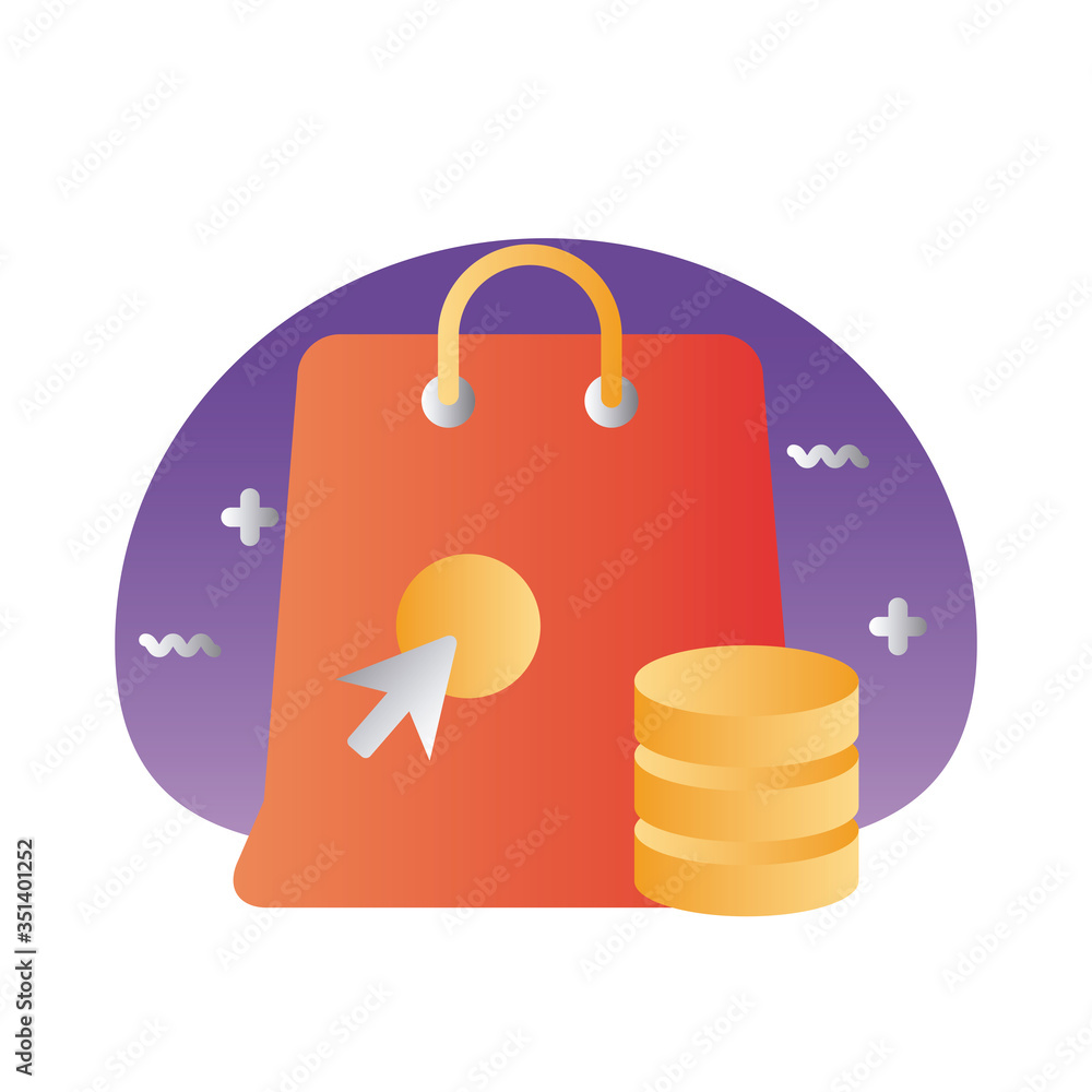 shopping bag with arrow mouse and coins degraded style shopping bag with arrow mouse and coins degraded style