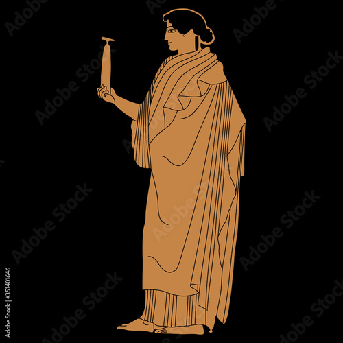 Standing ancient Greek woman holding vessel. Vase painting style.