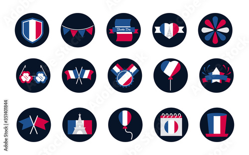 France and bastille day block and flat style icon set vector design