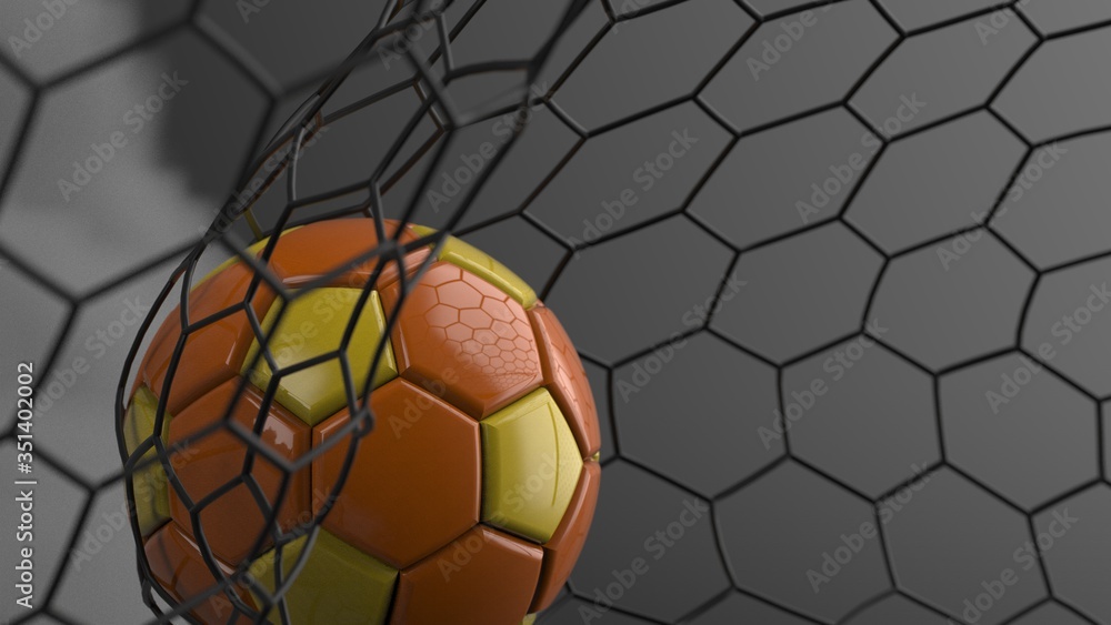 Orange-yellow Soccer Ball in the Goal Net under black-white lighting with dark toned foggy smoke background. 3D illustration. 3D CG. High resolution. Orange-yellow Soccer Ball in the Goal Net under black-white lighting with dark toned foggy smoke background. 3D illustration. 3D CG. High resolution.