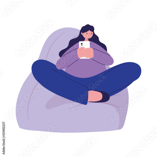 Woman sit on puf with smartphone chatting vector design