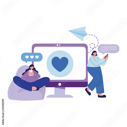 Seated women with smartphone and computer chatting vector design