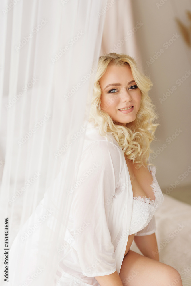 blonde girl plus size model in white lingerie portrait Bali morning bride color blonde girl plus size model in white lingerie portrait Bali morning bride color