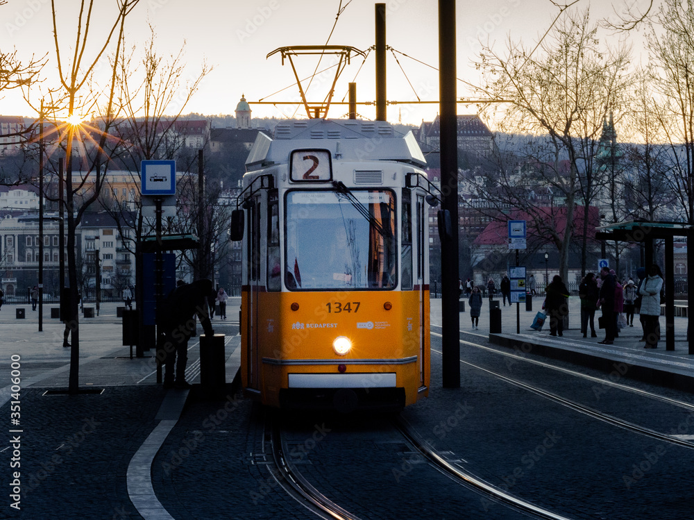 Obraz premium yellow tram used in Budapest as public transport.