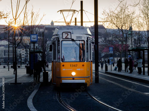 yellow tram used in Budapest as public transport.