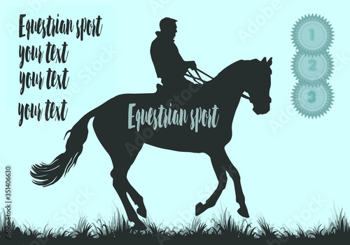 Horse rider vector silhouette. EPS 10. premium rosettes,  equestrian sport, isolated black silhouette on a blue background, space for your text, banner, postcard