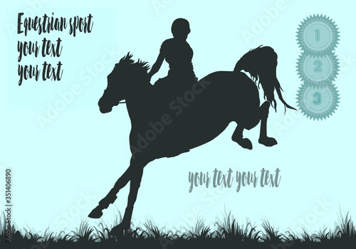 Horse rider vector silhouette. EPS 10. premium rosettes,  equestrian sport, isolated black silhouette on a blue background, space for your text, banner, postcard