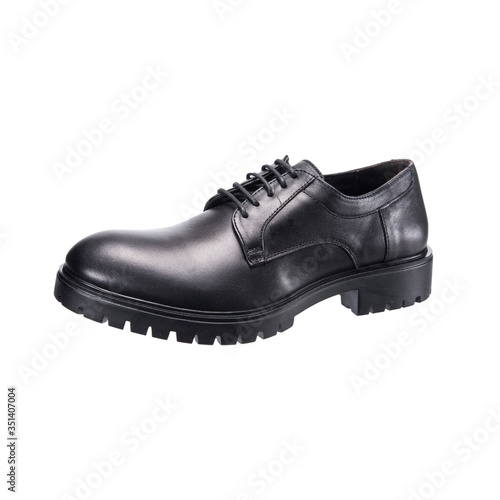leather black shoes with laces for daily wear, isolated clothing accessories on a white background