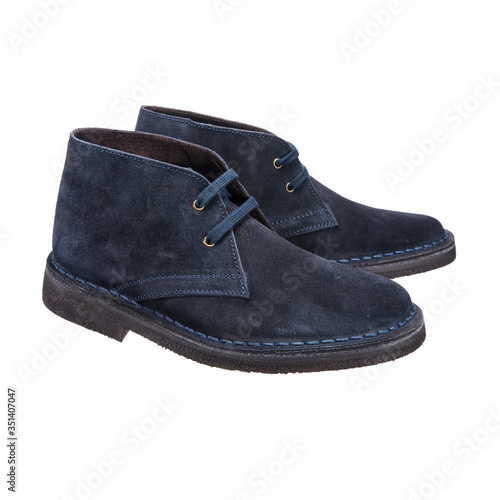 autumn blue suede boots, object isolated on white background, clothing accessory.