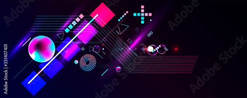 Dark retro futuristic art neon abstraction background cosmos new art 3d starry sky glowing galaxy and planets blue circles