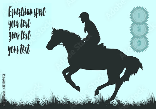 Horse rider vector silhouette. EPS 10. premium rosettes,  equestrian sport, isolated black silhouette on a blue background, space for your text, banner, postcard