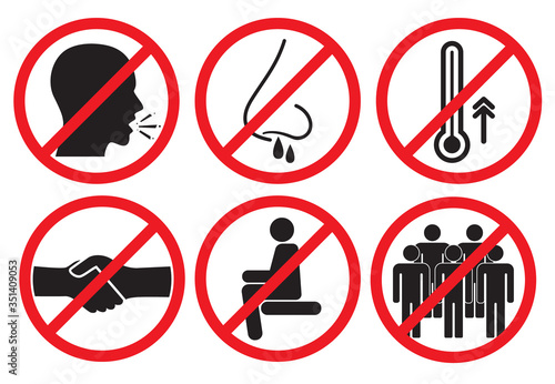 Set of prohibiting icons. No cough, no handshake, no runny nose, no fever, no crowds and no sit here.