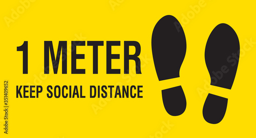 Vector of footprint sign with text keep social distance, 1m social distancing for print floor. Social distancing concept.