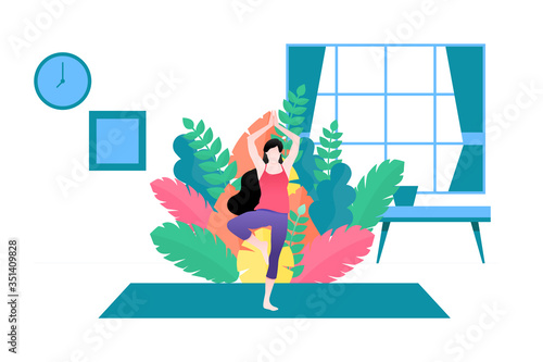 Vector illustration of a woman doing yoga in the house. this activity supports mental health amid corona pendemi