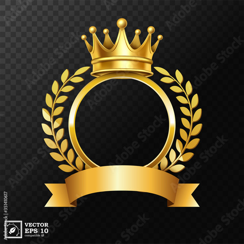 Realistic Golden Crown with Laurel Wreath and a Gold Ribbon for text, isolated on a transparent background. Vector Illustration