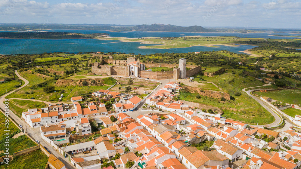 Aerial view of the castle of Mourão - Portugal. Beautiful view of the castle and the Alentejo landscape