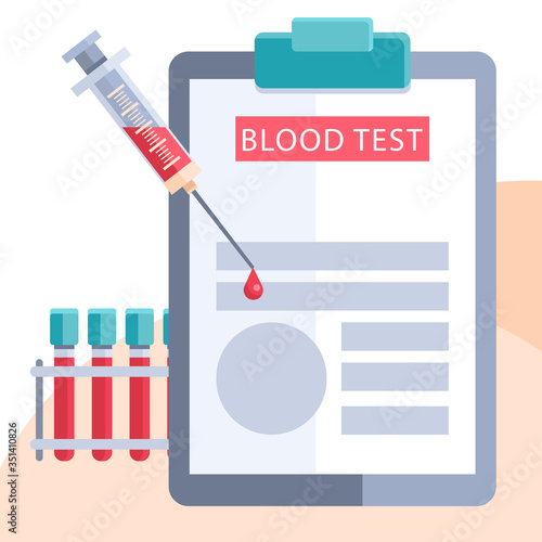 Medical syringe on white isolated backdrop. Blood test tubes for social banner, web element, health care promo, medical poster. Chemist shop logo or info card. Flat style stock vector illustration