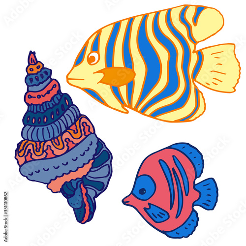 Tropical fish sticker set on white isolated backdrop. Seashell for postcard, tattoo parlor, diving club or pet shop logo, bath tile. Phone case or cloth print. Doodle style stock vector illustration
