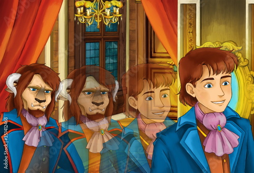 Bilde på lerret cartoon scene with enchanted prince as a beast is changing in the medieval castl