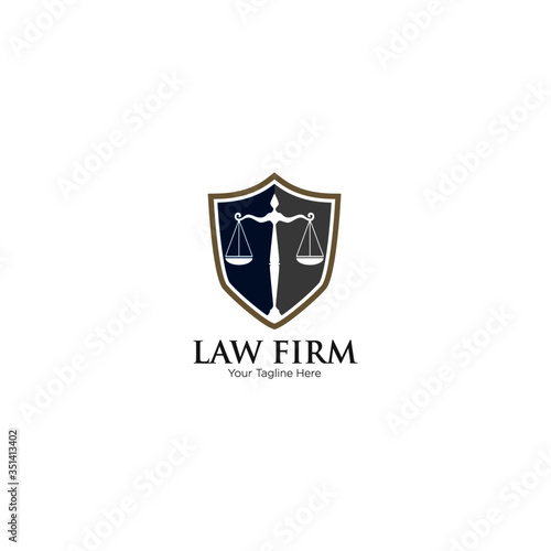 Law office logo in the form of shield. The judge, Law firm logo template, lawyer set of vintage labels. Lawyer Attorney Advocate Logo design vector template.  Shield Law Legal firm Security comp