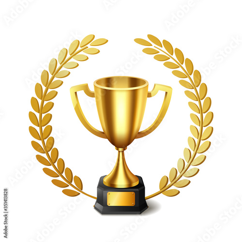 Realistic Golden Trophy with Gold Laurel Wreath, Vector Illustration