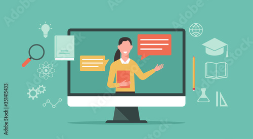 E-learning, online education, distance learning, online course concept, home school, woman teacher teaching on laptop computer screen, new normal, vector flat illustration