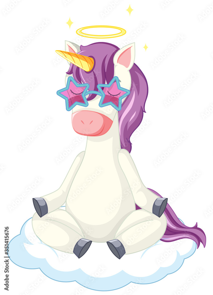 Cute purple unicorn wearing star glasses in sitting on cloud position on white background Cute purple unicorn wearing star glasses in sitting on cloud position on white background