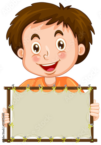 Blank sign template with happy boy on white background